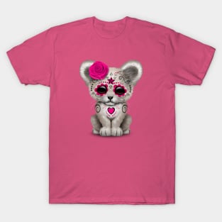 Pink Day of the Dead Sugar Skull White Lion Cub T-Shirt